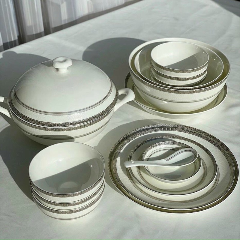 Set bát sứ Imperial 50 món trắng viền bạc gồm set thìa 1